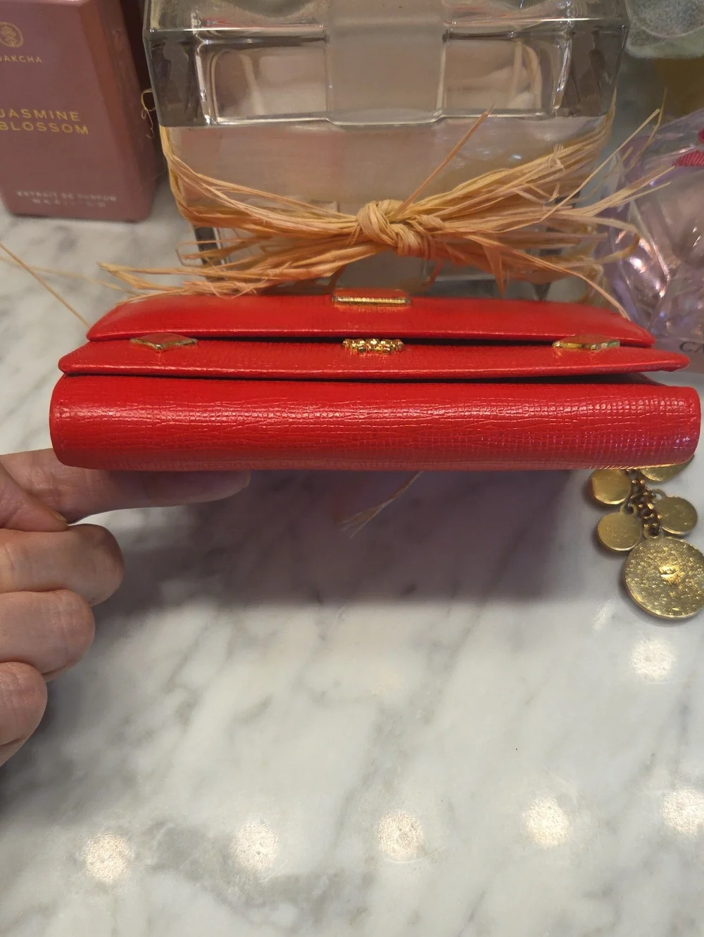 EUC Customized MCM Red Leather Compact Trifold Wallet with Gold Logo Charm ❤️🩷❤